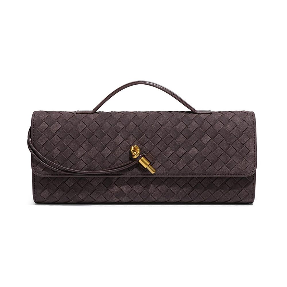 Woven Leather Hobo Clutch in Dark Brown